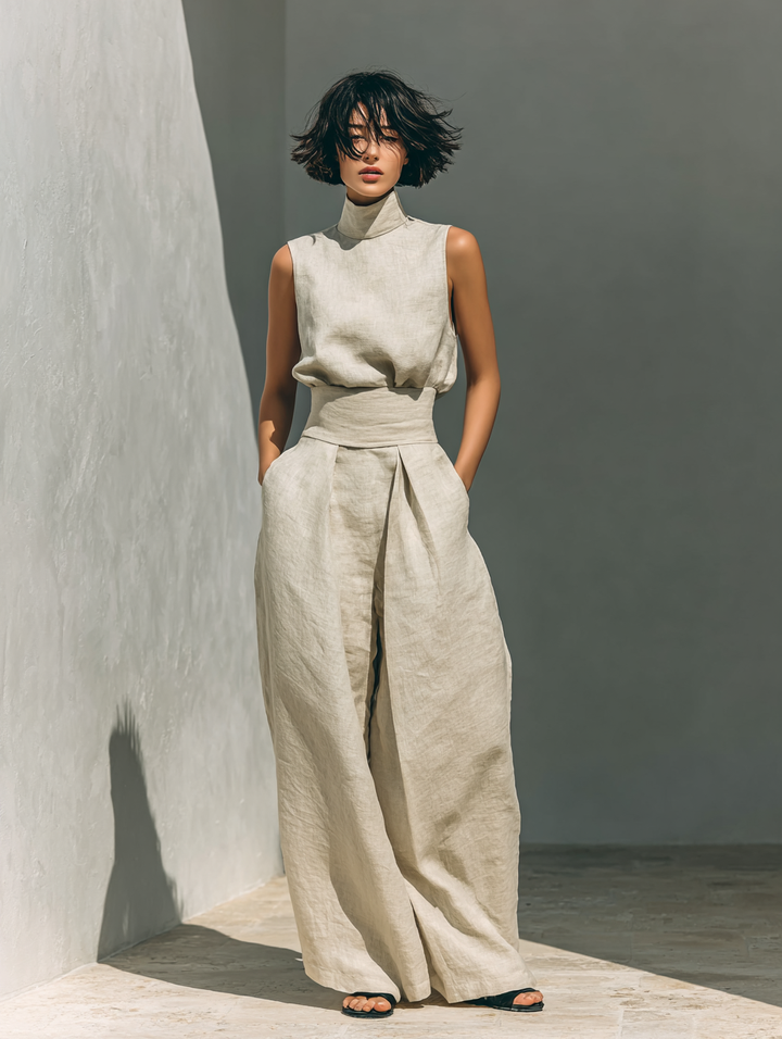 Minimalist Cotton Linen Sleeveless Blouse and Wide Leg Pants