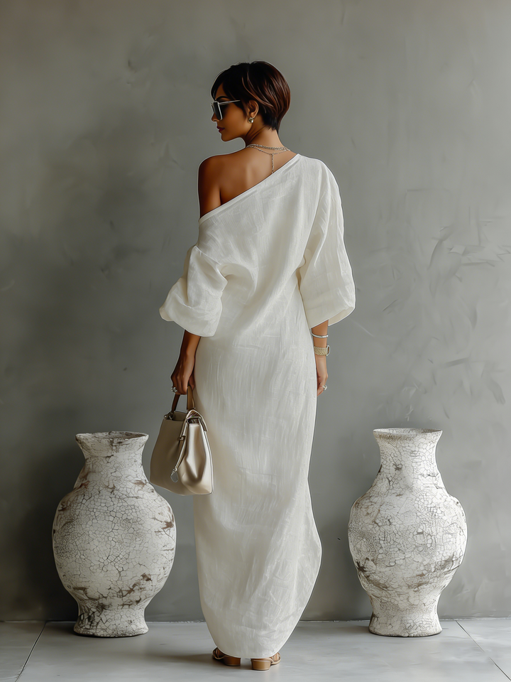 FLORA Ivory Linen Off-Shoulder Maxi Dress
