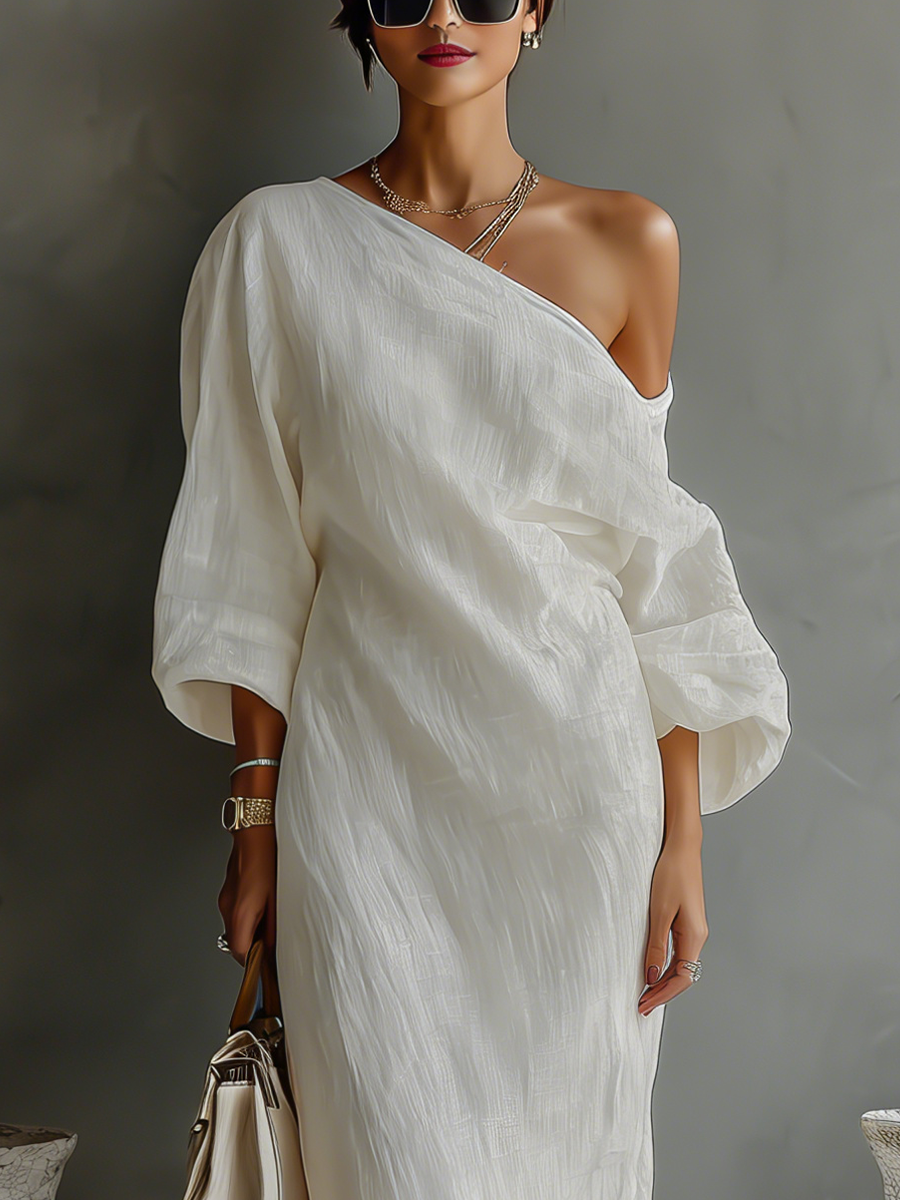 FLORA Ivory Linen Off-Shoulder Maxi Dress