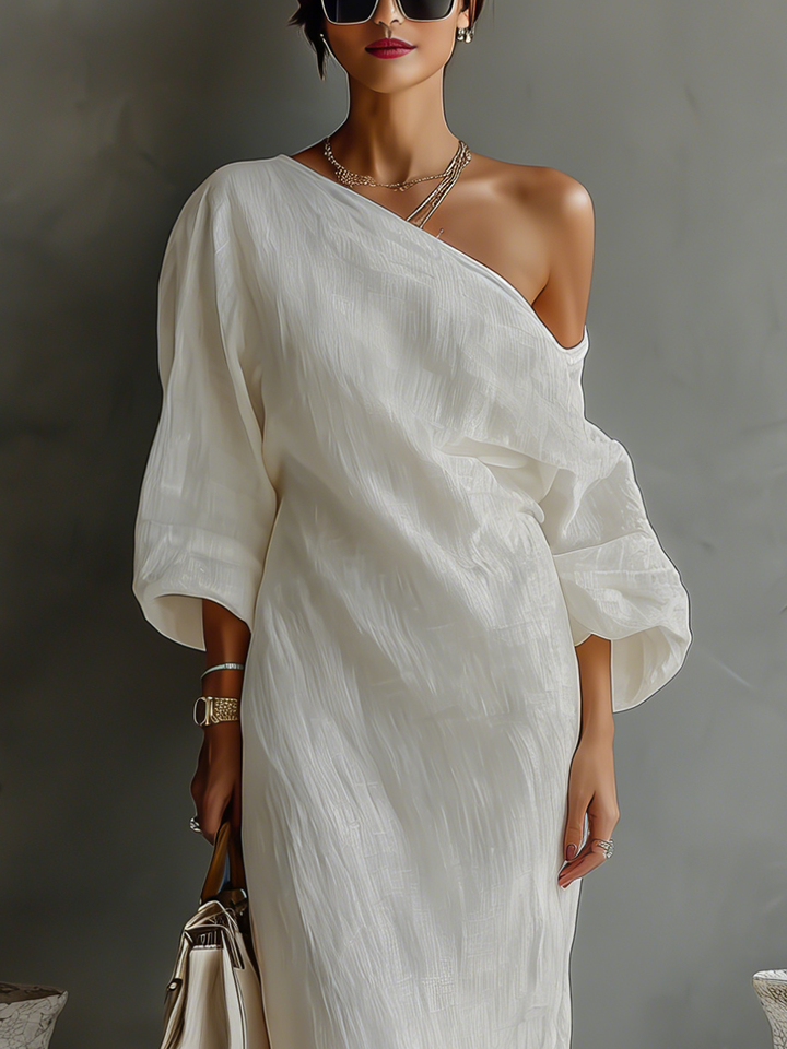 FLORA Ivory Linen Off-Shoulder Maxi Dress