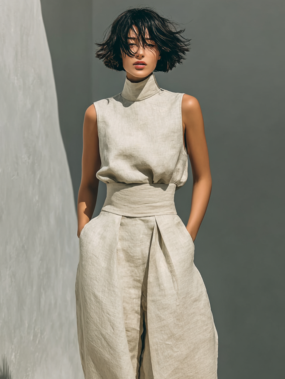 Minimalist Cotton Linen Sleeveless Blouse and Wide Leg Pants