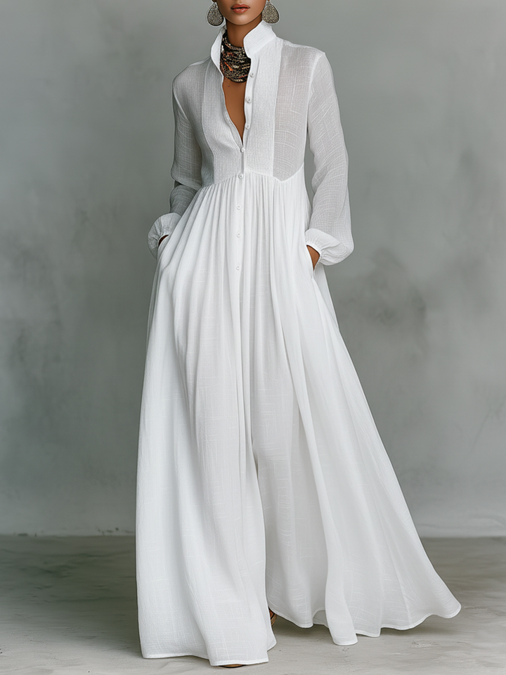 Abito Maxi Minimalista in Cotone e Lino con Patchwork, Collo Alzato e Maniche Lunghe