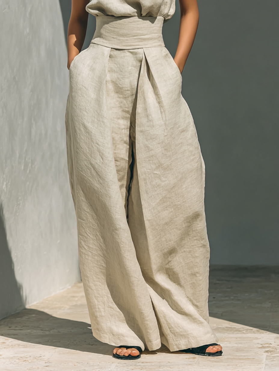 Minimalist Cotton Linen Sleeveless Blouse and Wide Leg Pants