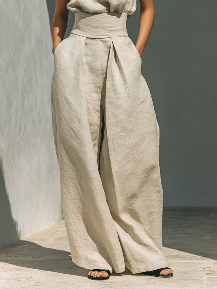 Minimalist Cotton Linen Sleeveless Blouse and Wide Leg Pants