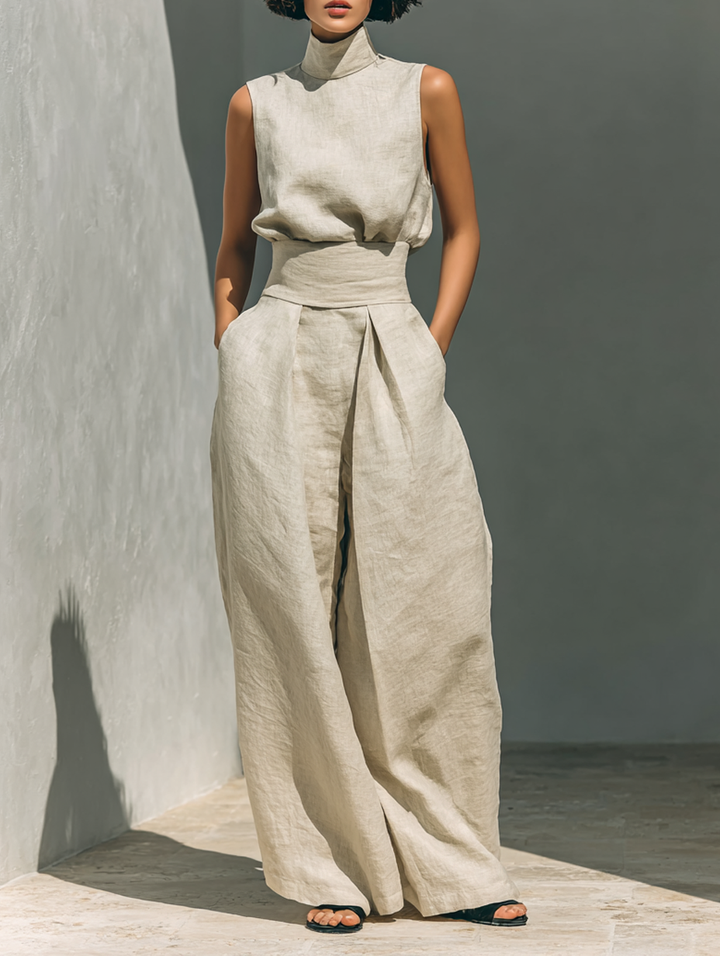 Minimalist Cotton Linen Sleeveless Blouse and Wide Leg Pants
