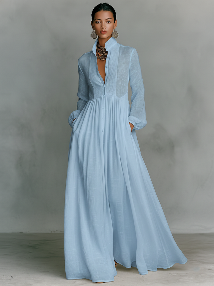Abito Maxi Minimalista in Cotone e Lino con Patchwork, Collo Alzato e Maniche Lunghe