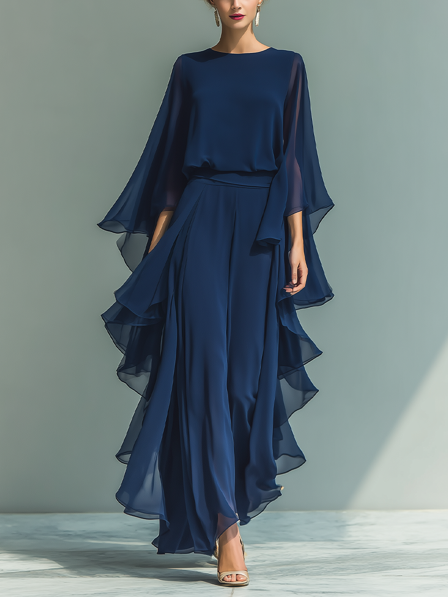 FLORA | Women's Navy Chiffon Two-Piece Set