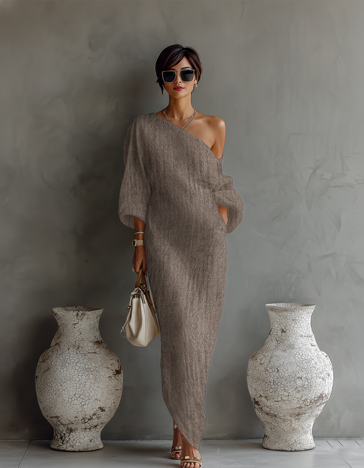 FLORA Ivory Linen Off-Shoulder Maxi Dress