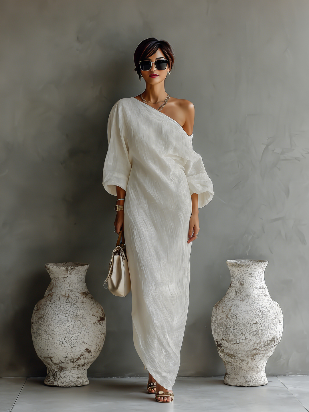 FLORA Ivory Linen Off-Shoulder Maxi Dress