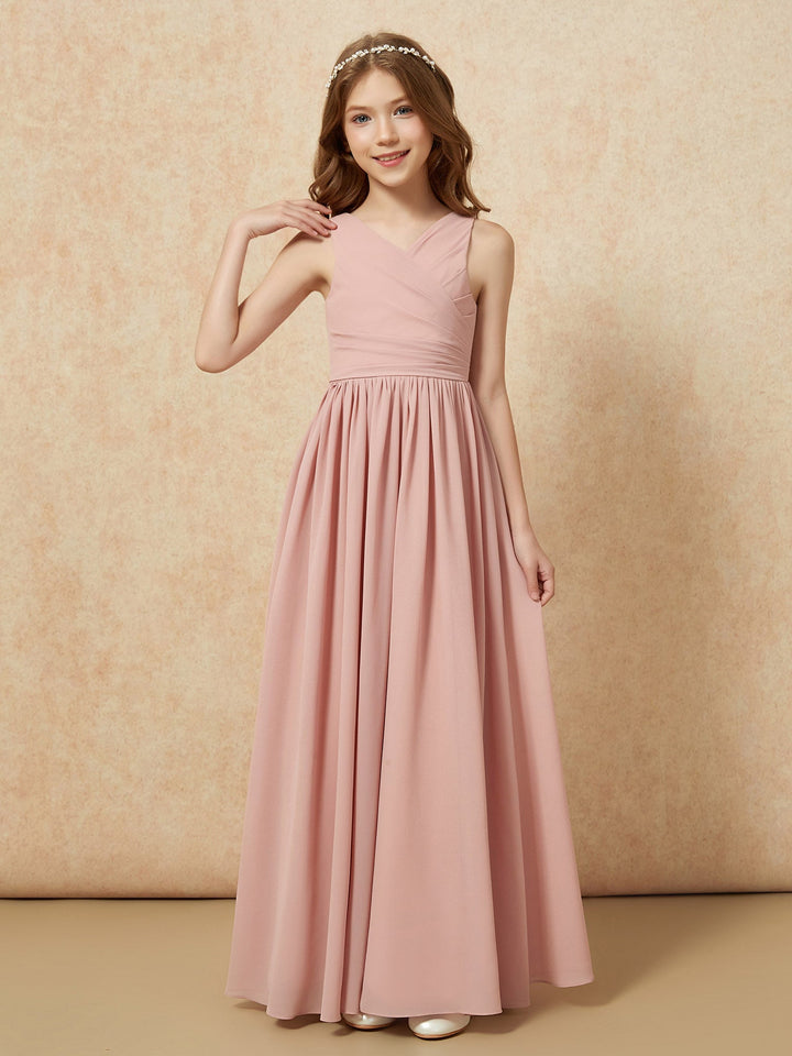 Pleated V-neck Chiffon Long Junior Bridesmaid Dresses Dusty Rose