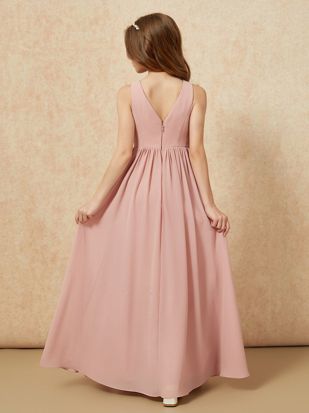Pleated V-neck Chiffon Long Junior Bridesmaid Dresses Dusty Rose