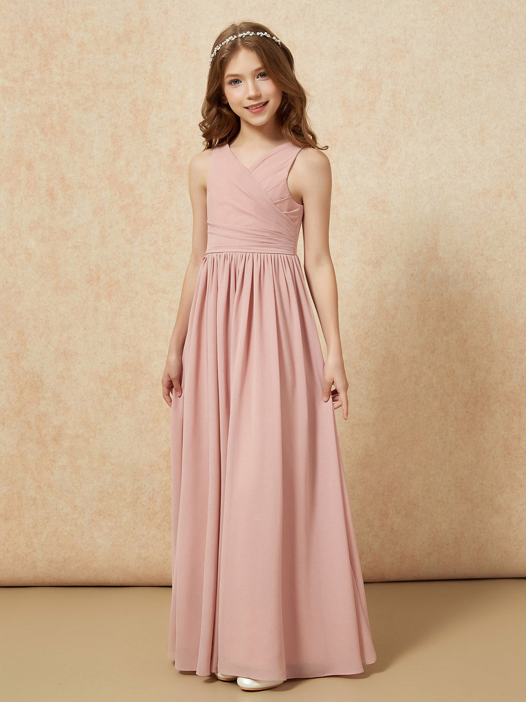Pleated V-neck Chiffon Long Junior Bridesmaid Dresses Dusty Rose