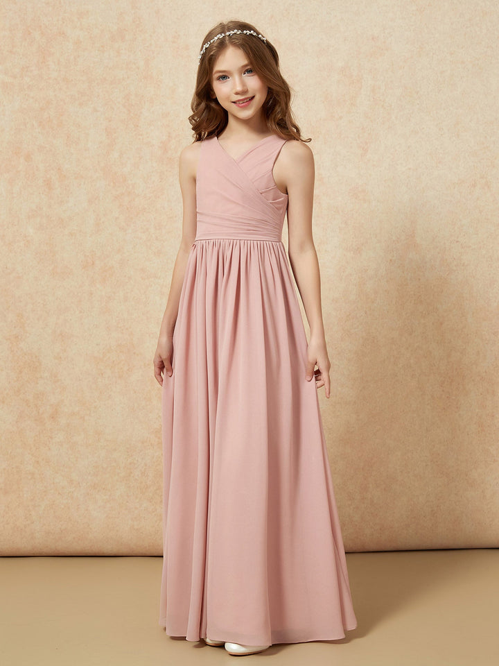 Pleated V-neck Chiffon Long Junior Bridesmaid Dresses Dusty Rose