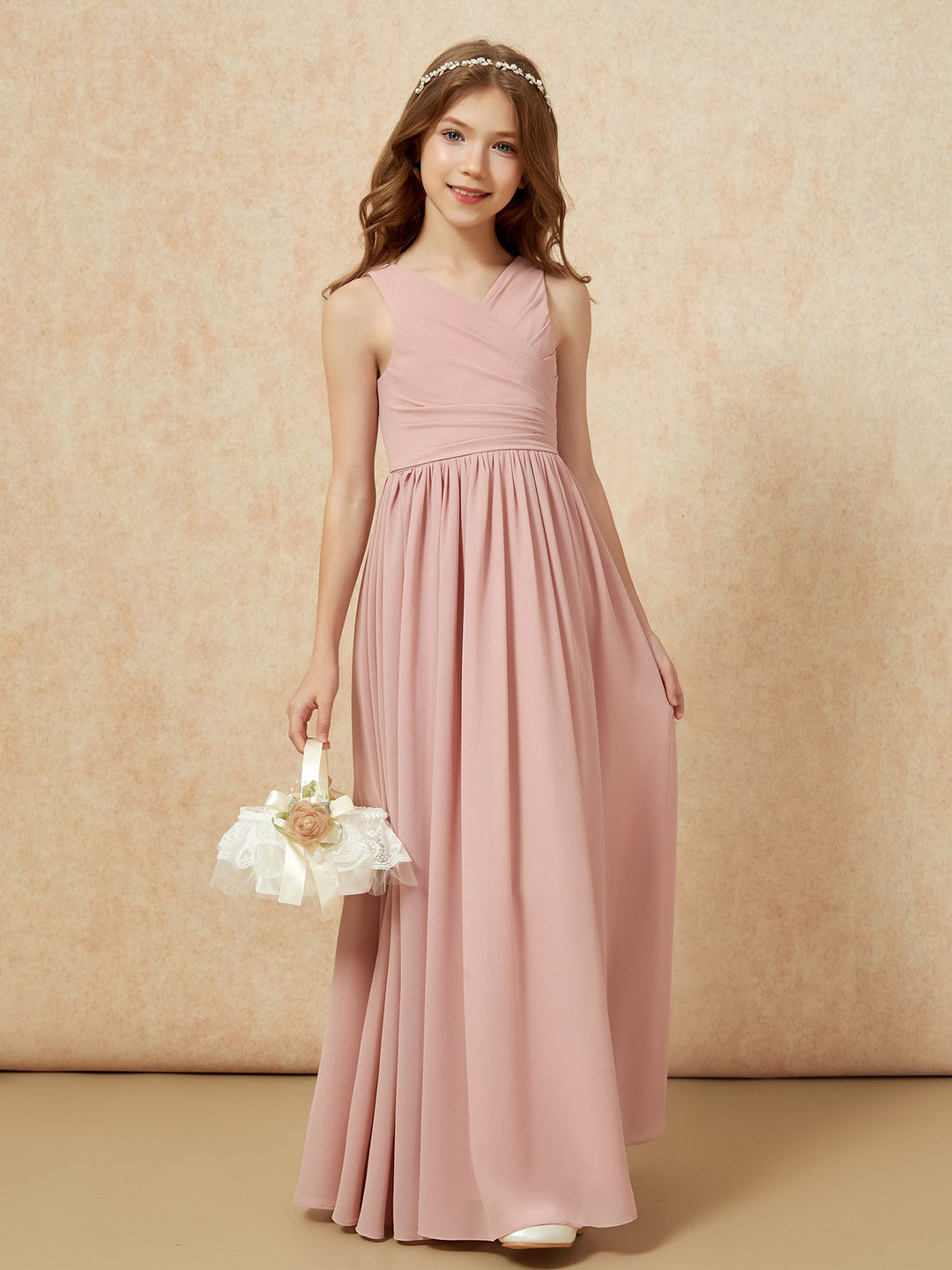 Pleated V-neck Chiffon Long Junior Bridesmaid Dresses Dusty Rose
