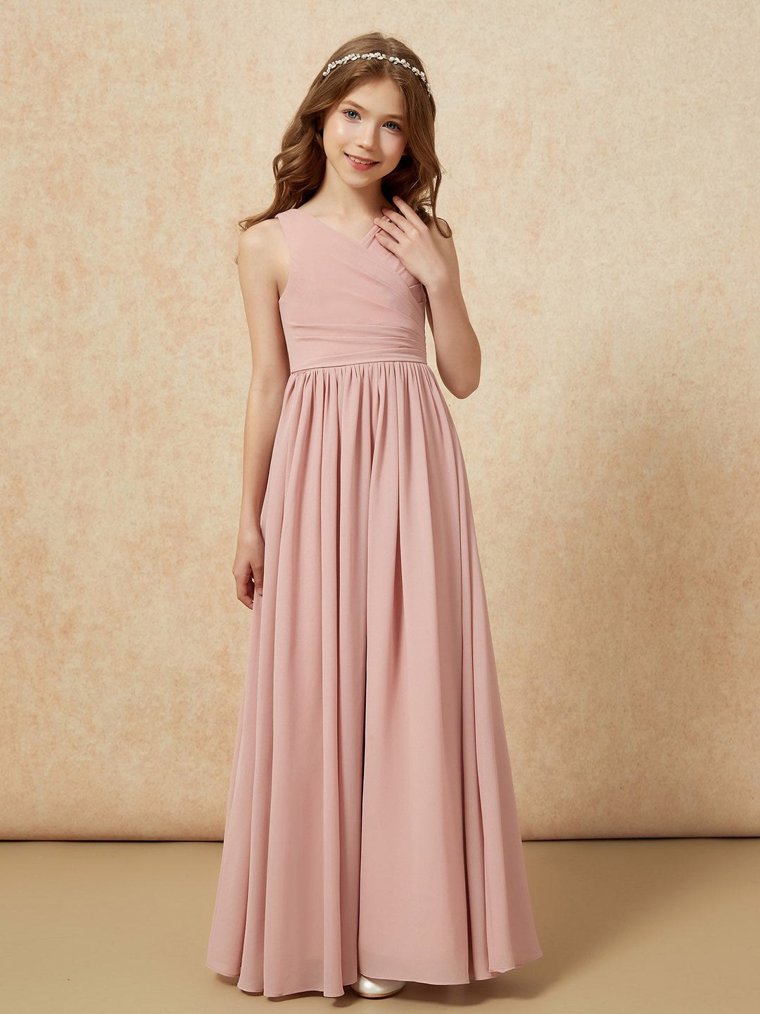 Pleated V-neck Chiffon Long Junior Bridesmaid Dresses Dusty Rose