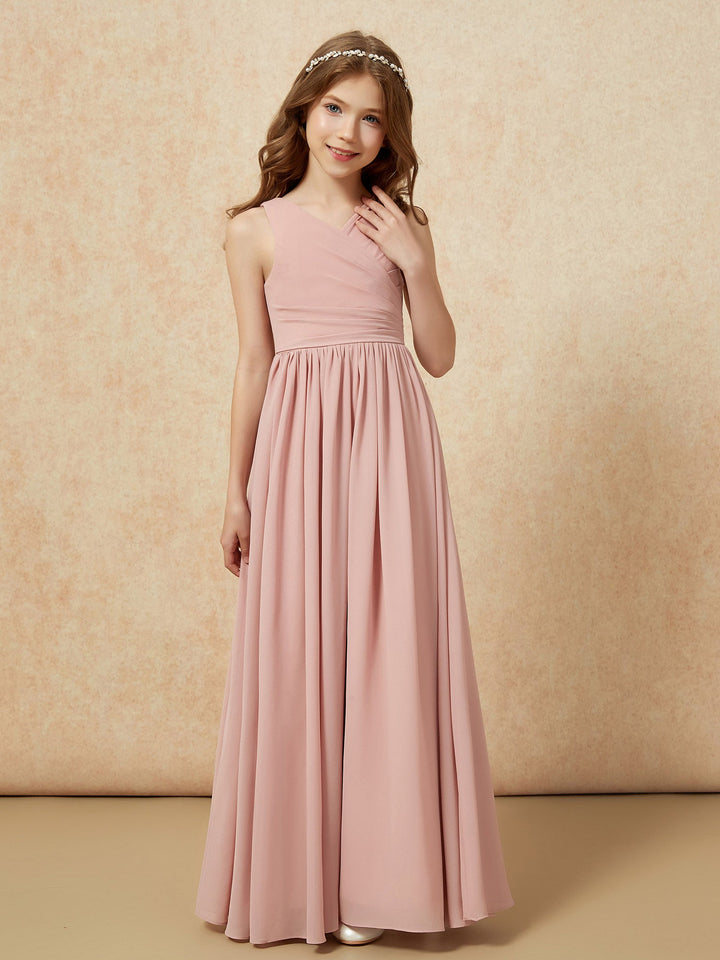 Pleated V-neck Chiffon Long Junior Bridesmaid Dresses Dusty Rose