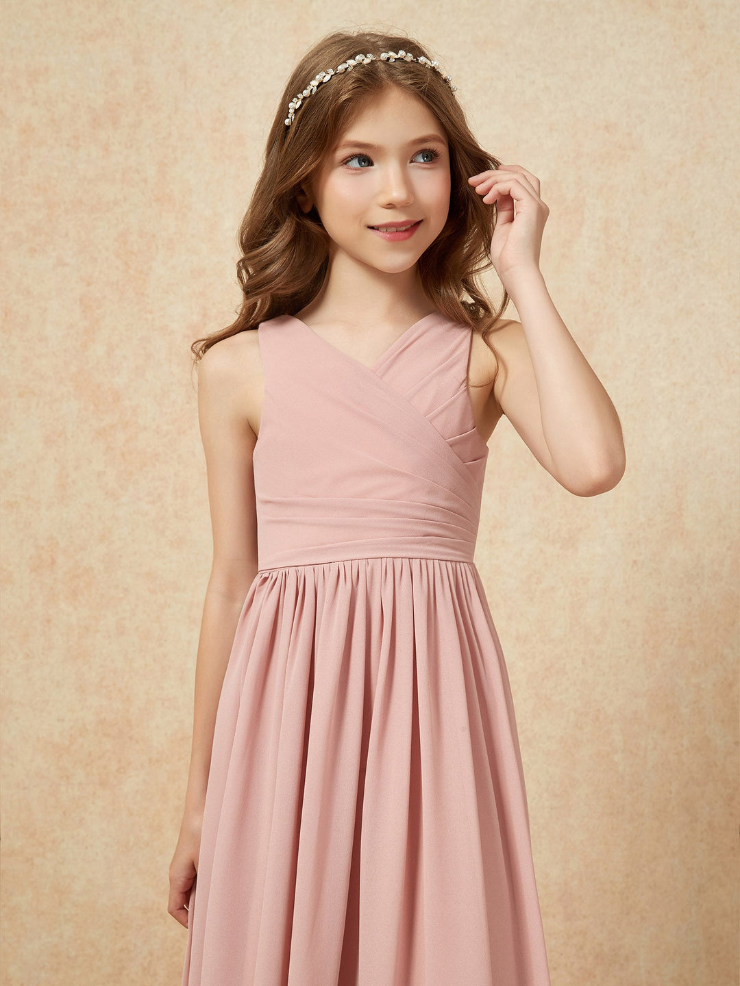 Pleated V-neck Chiffon Long Junior Bridesmaid Dresses Dusty Rose