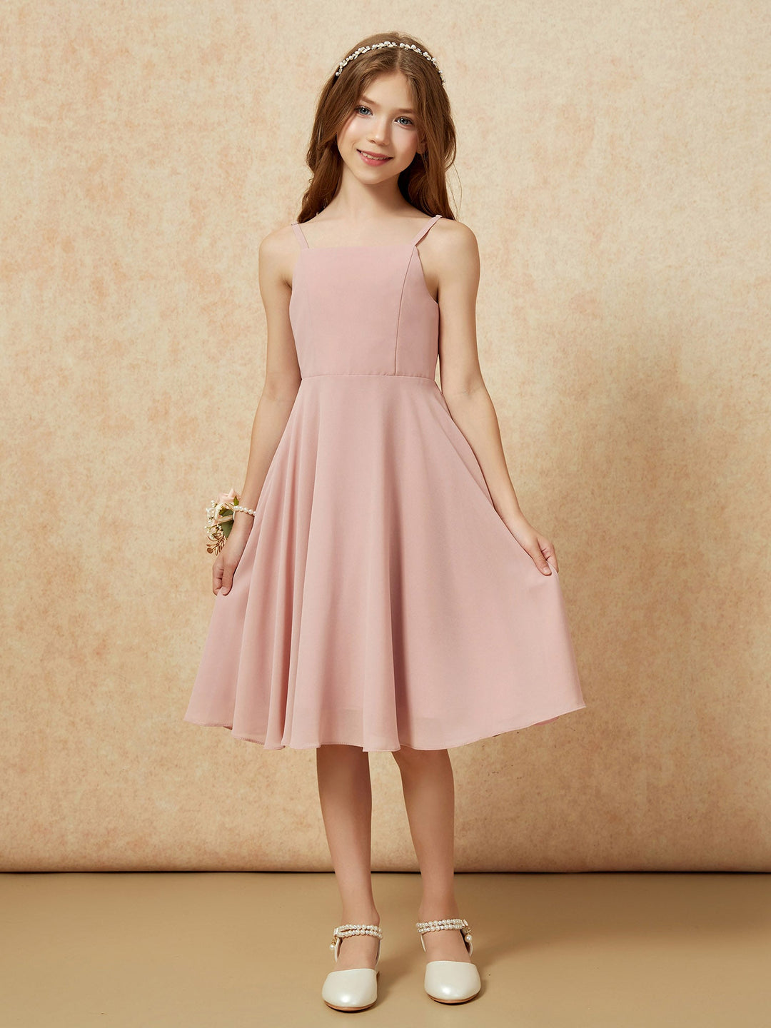Square Neck Knee-length Junior Bridesmaid Dresses Dusty Rose