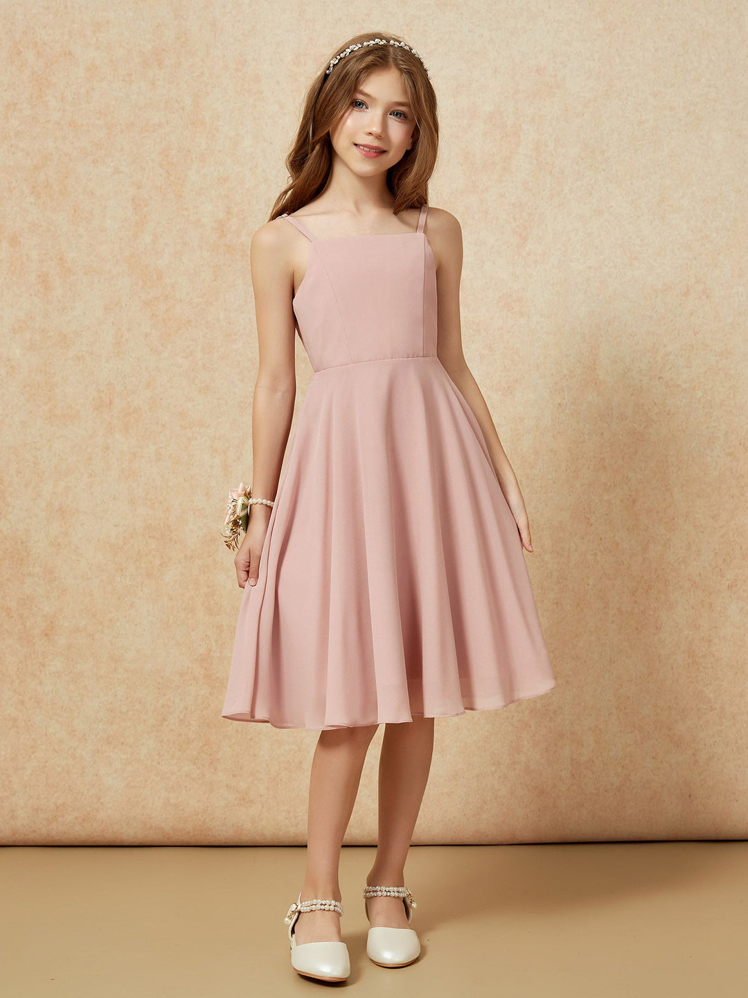 Square Neck Knee-length Junior Bridesmaid Dresses Dusty Rose
