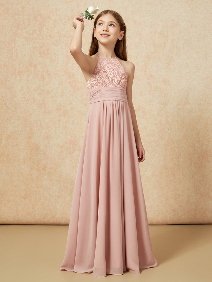Halter Neck Lace Top Chiffon Junior Bridesmaid Dress Dusty Rose