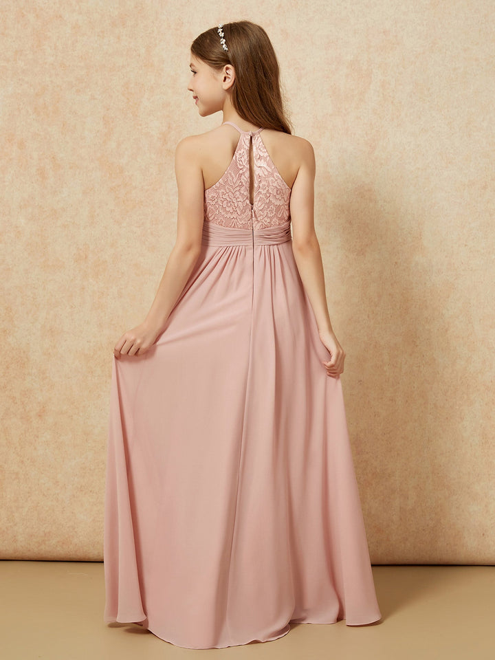 Halter Neck Lace Top Chiffon Junior Bridesmaid Dress Dusty Rose