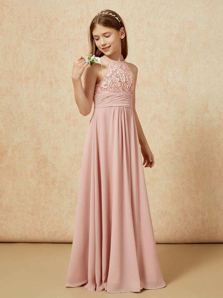 Halter Neck Lace Top Chiffon Junior Bridesmaid Dress Dusty Rose