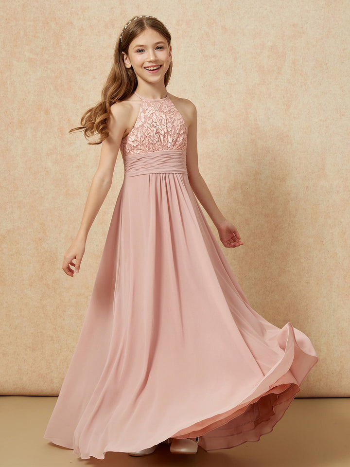 Halter Neck Lace Top Chiffon Junior Bridesmaid Dress Dusty Rose