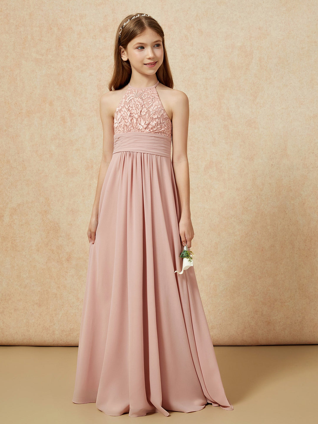 Halter Neck Lace Top Chiffon Junior Bridesmaid Dress Dusty Rose