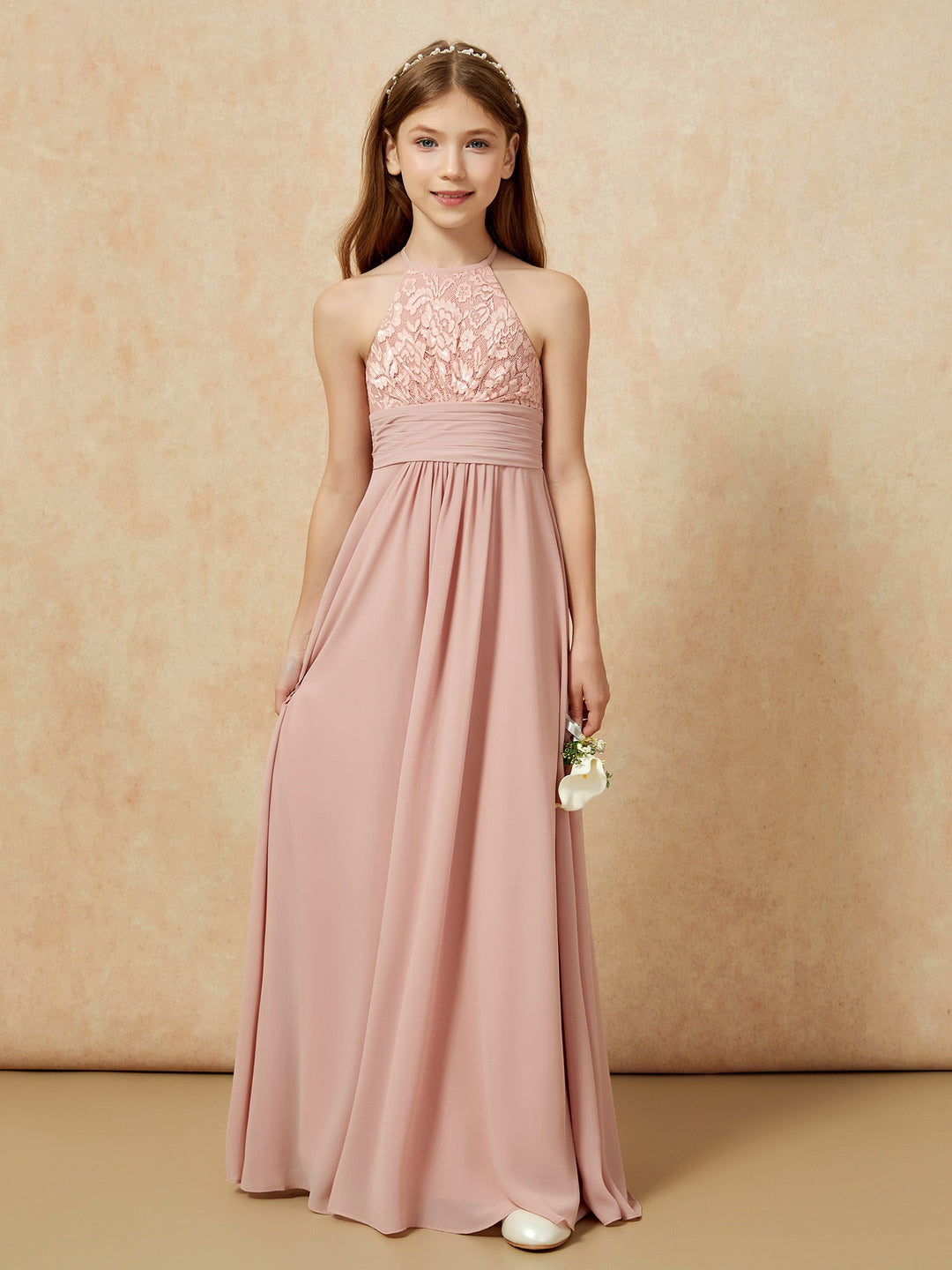 Halter Neck Lace Top Chiffon Junior Bridesmaid Dress Dusty Rose