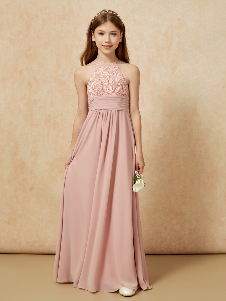 Halter Neck Lace Top Chiffon Junior Bridesmaid Dress Dusty Rose