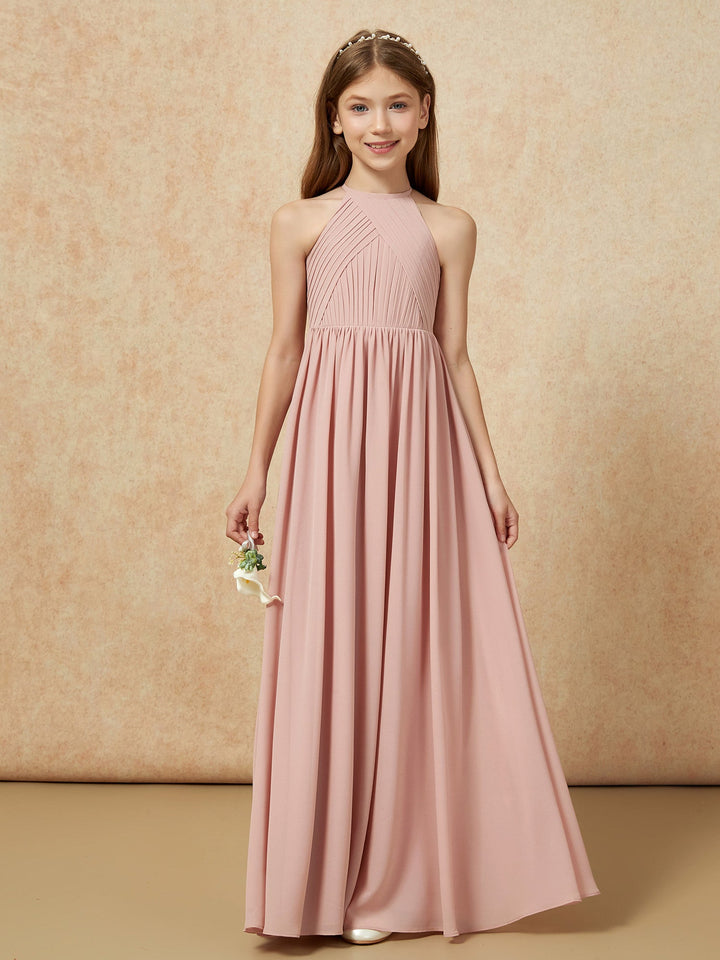 Halter Pleated Long Chiffon Junior Bridesmaid Dress Dusty Rose