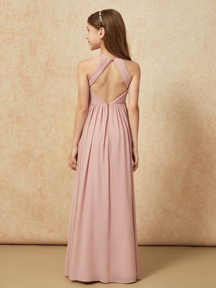Halter Pleated Long Chiffon Junior Bridesmaid Dress Dusty Rose