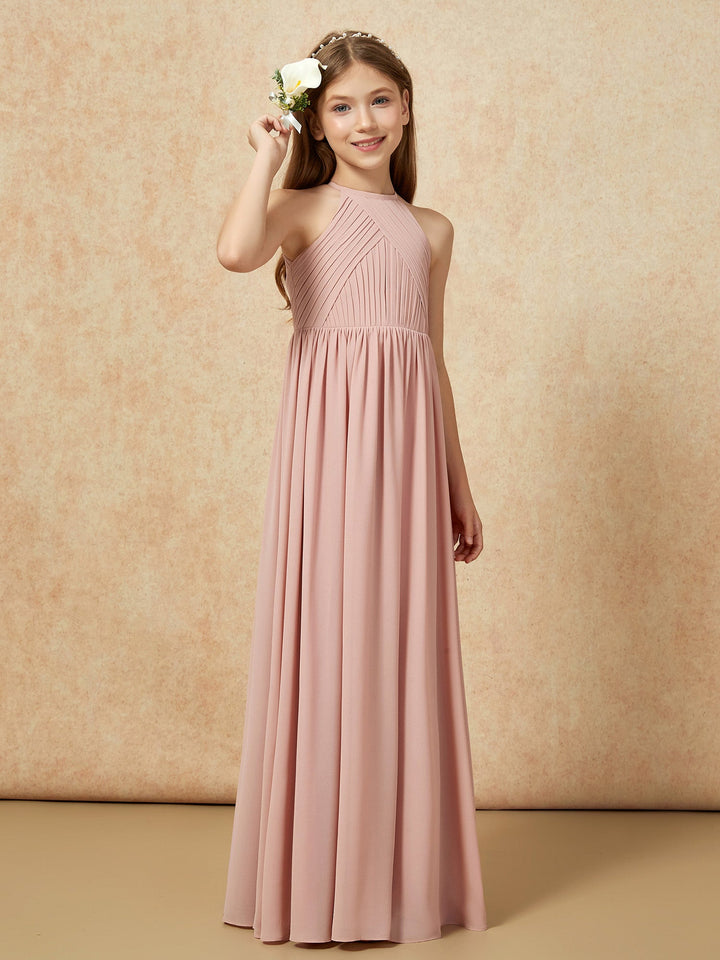 Halter Pleated Long Chiffon Junior Bridesmaid Dress Dusty Rose