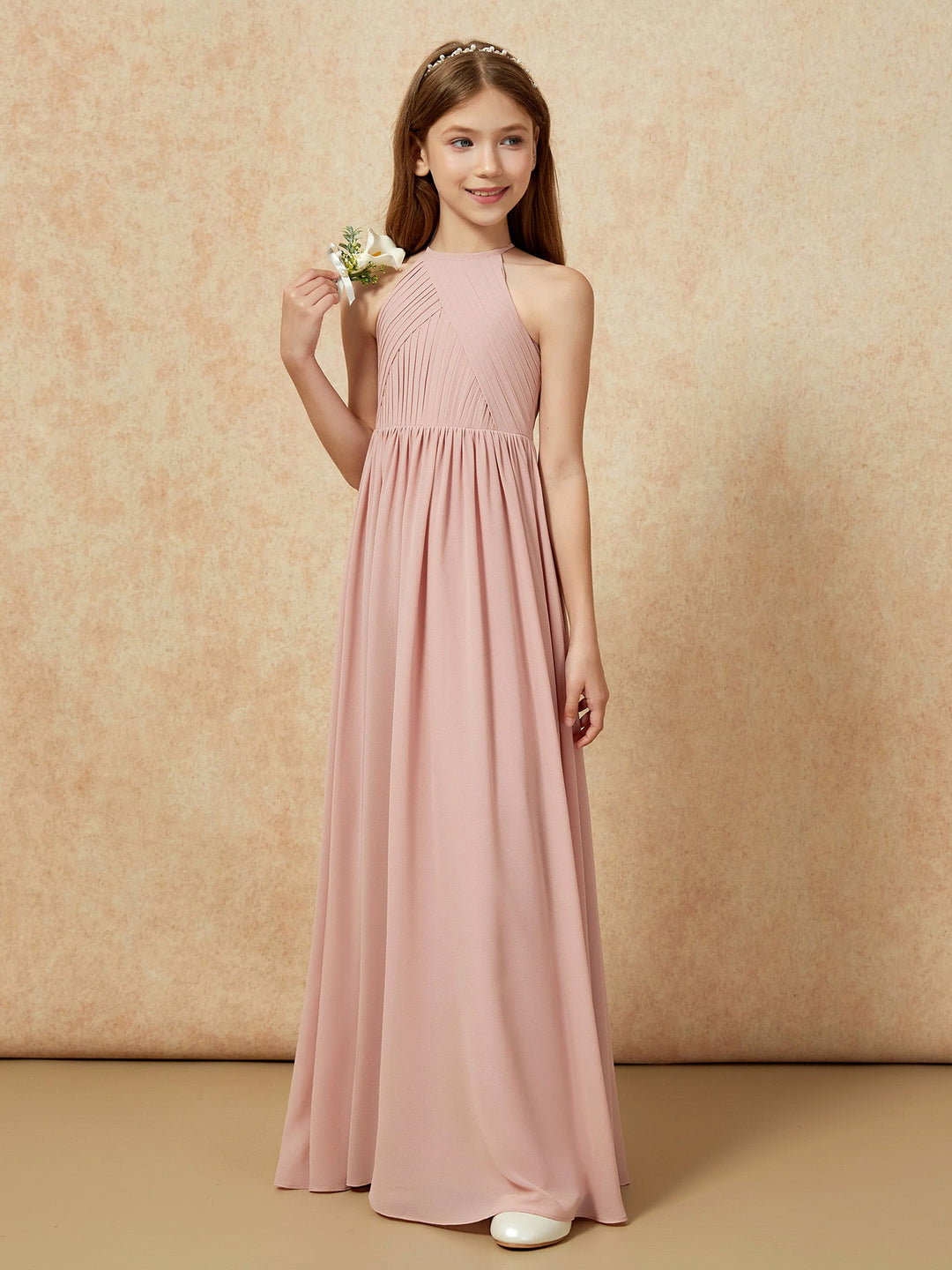 Halter Pleated Long Chiffon Junior Bridesmaid Dress Dusty Rose