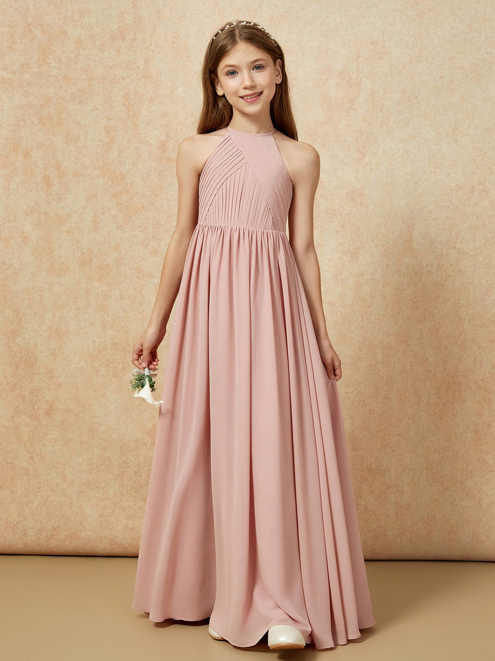 Halter Pleated Long Chiffon Junior Bridesmaid Dress Dusty Rose