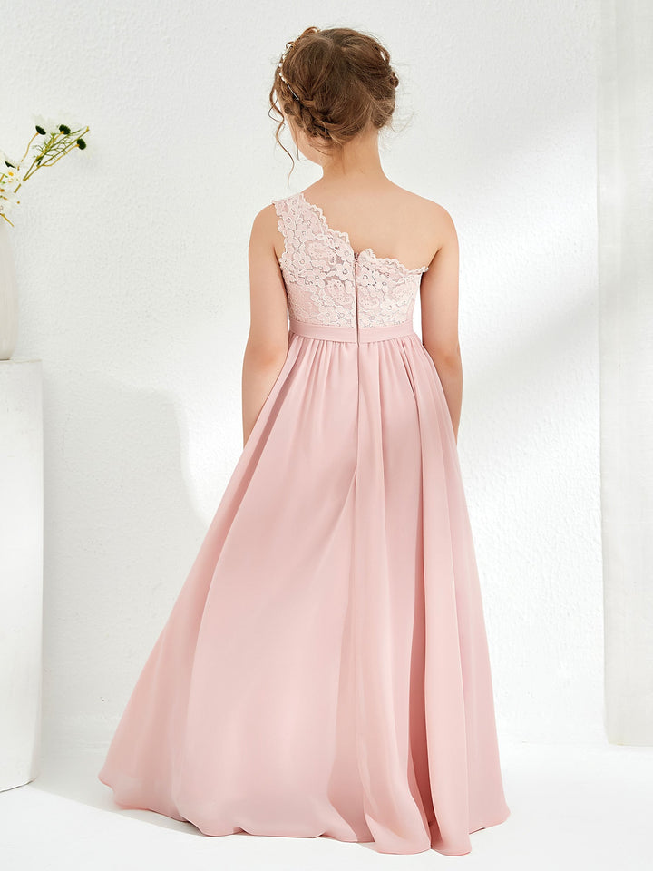 One Shoulder Lace and Chiffon Junior Bridesmaid Dresses Dusty Rose