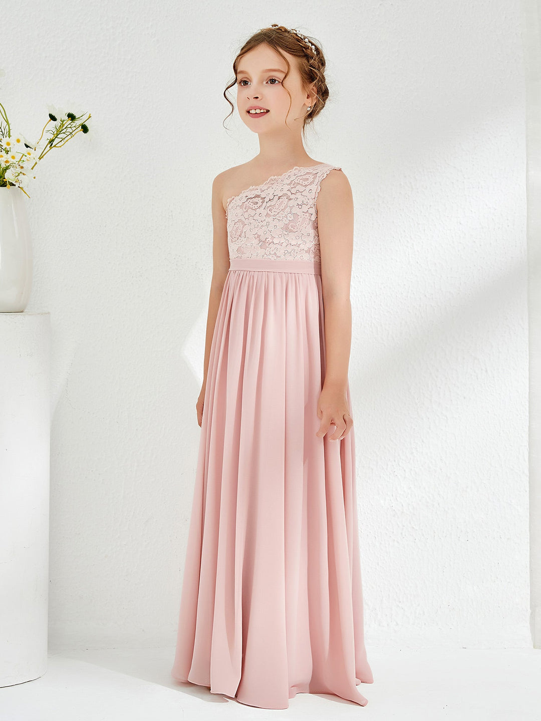 One Shoulder Lace and Chiffon Junior Bridesmaid Dresses Dusty Rose