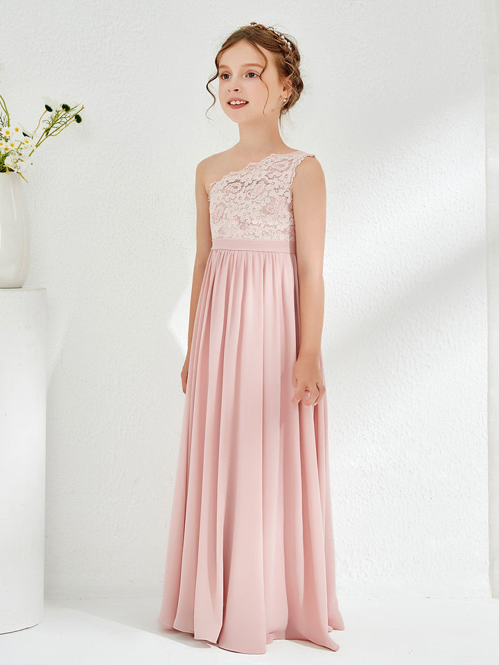 One Shoulder Lace and Chiffon Junior Bridesmaid Dresses Dusty Rose
