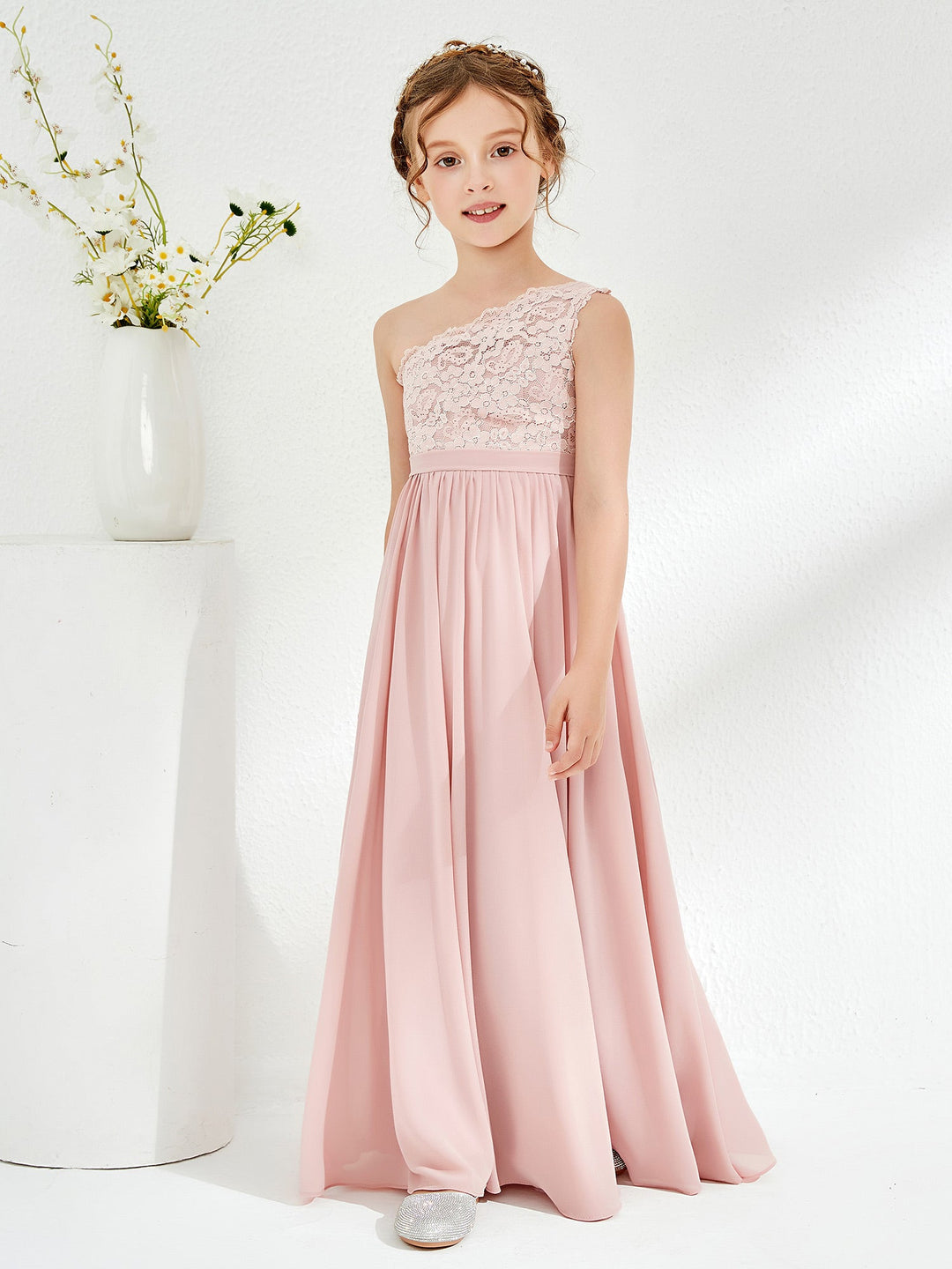 One Shoulder Lace and Chiffon Junior Bridesmaid Dresses Dusty Rose