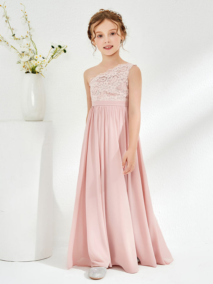 One Shoulder Lace and Chiffon Junior Bridesmaid Dresses Dusty Rose