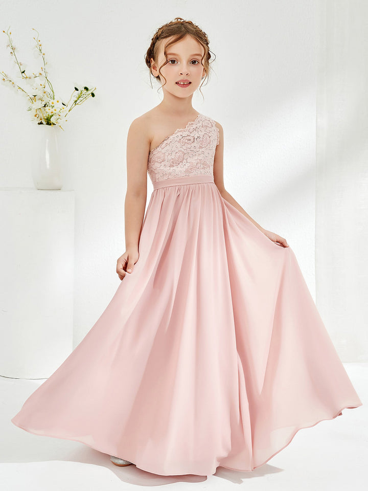 One Shoulder Lace and Chiffon Junior Bridesmaid Dresses Dusty Rose