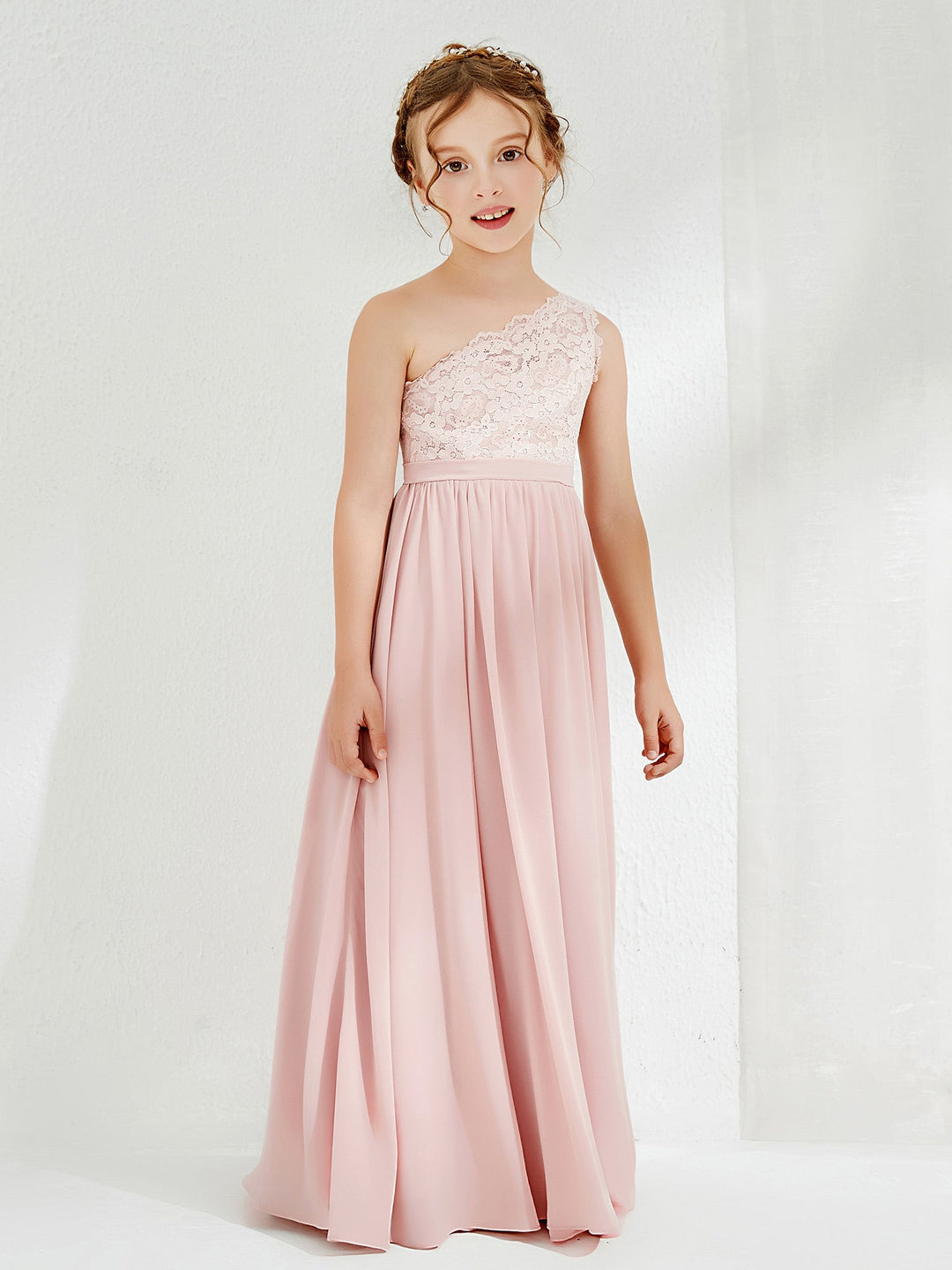 One Shoulder Lace and Chiffon Junior Bridesmaid Dresses Dusty Rose
