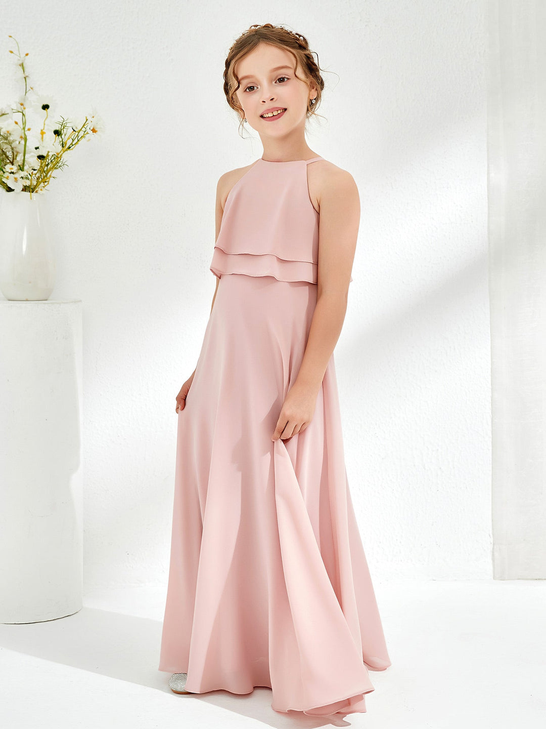 Two Layers Ruffles Junior Bridesmaid Dresses Dusty Rose
