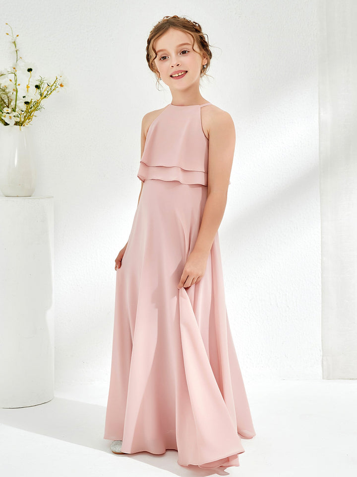 Two Layers Ruffles Junior Bridesmaid Dresses Dusty Rose