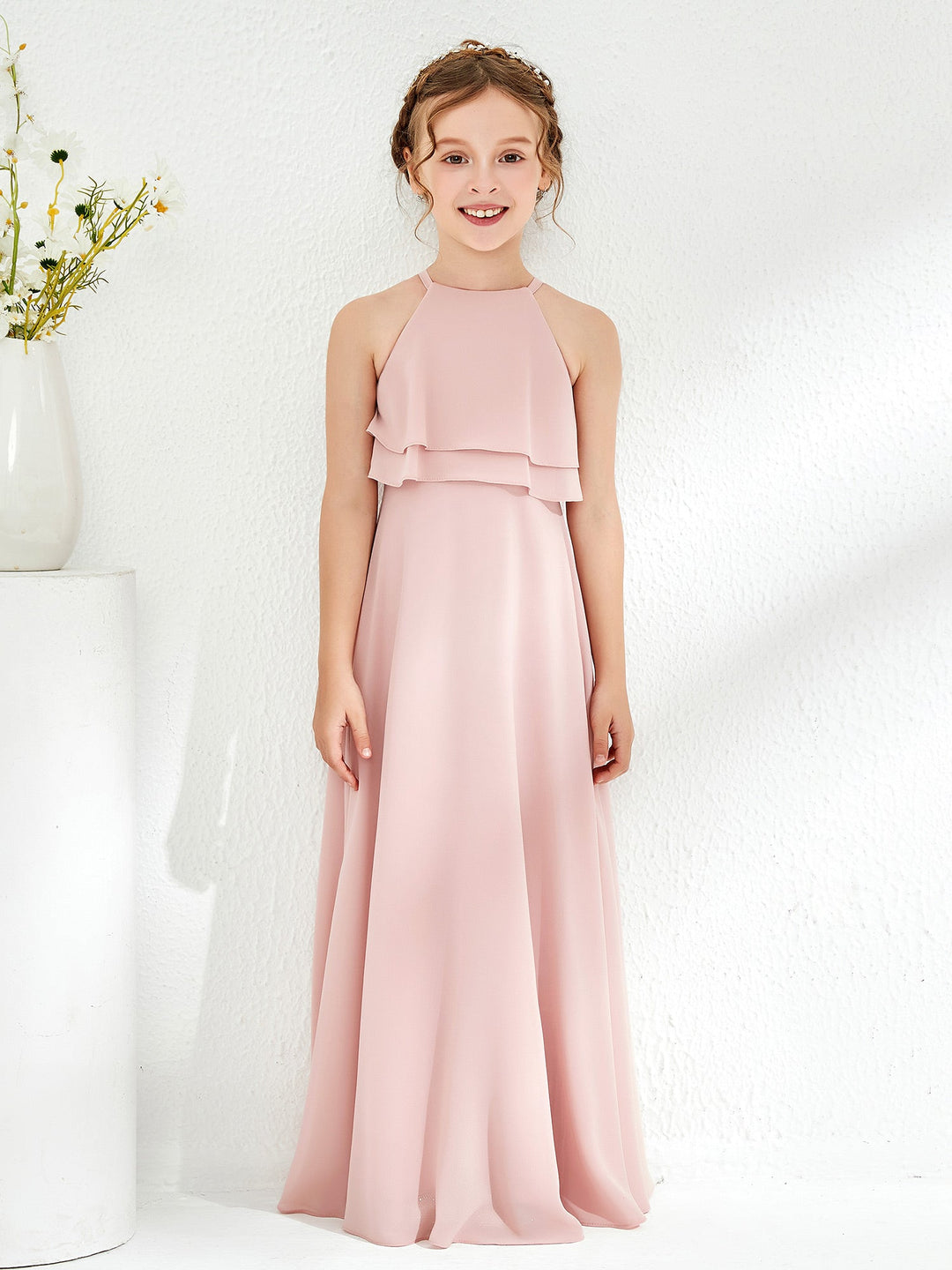 Two Layers Ruffles Junior Bridesmaid Dresses Dusty Rose