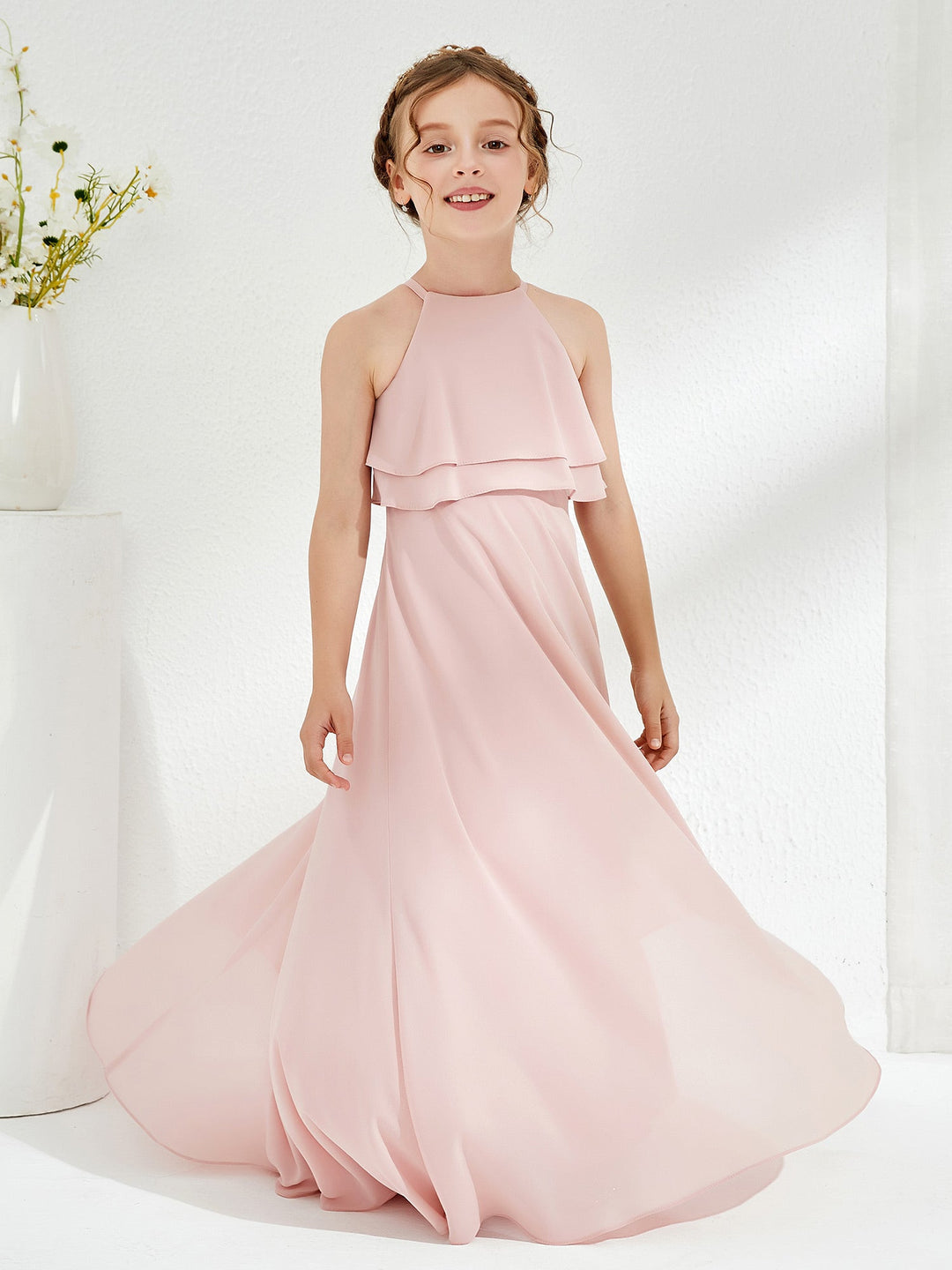 Two Layers Ruffles Junior Bridesmaid Dresses Dusty Rose