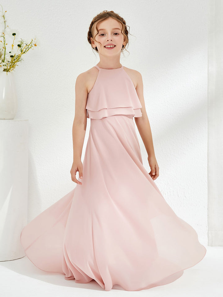 Two Layers Ruffles Junior Bridesmaid Dresses Dusty Rose