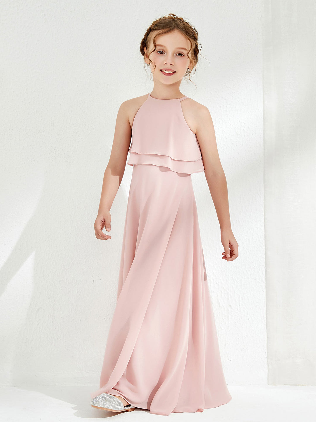 Two Layers Ruffles Junior Bridesmaid Dresses Dusty Rose