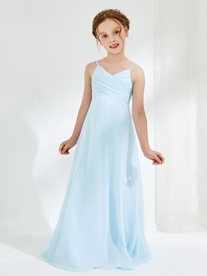 V-neck Spaghetti Straps Floor-length Junior Bridesmaid Dresses Sky Blue