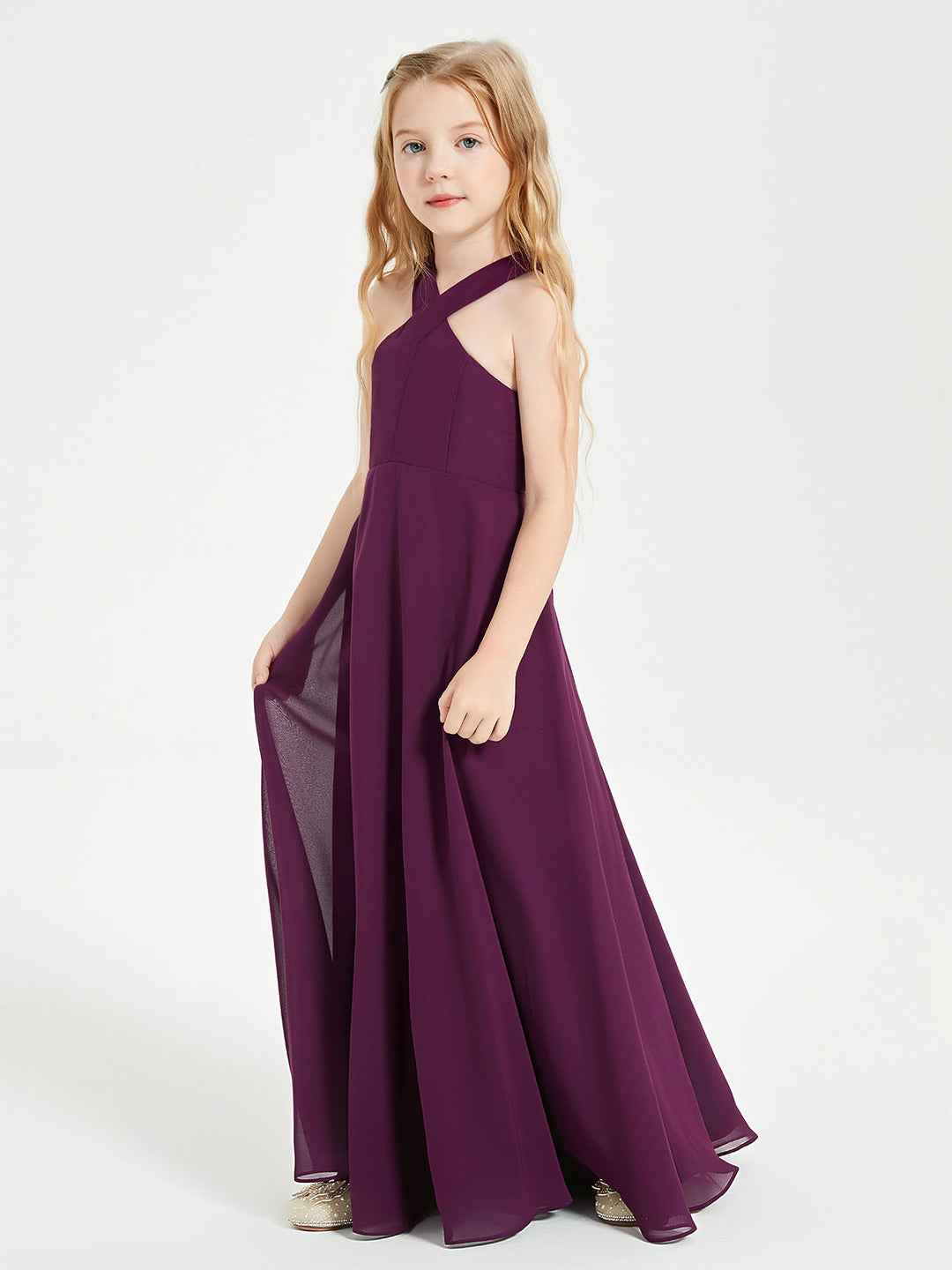 Junior Bridesmaid Dresses Grecian Neckline Floor Length Grape